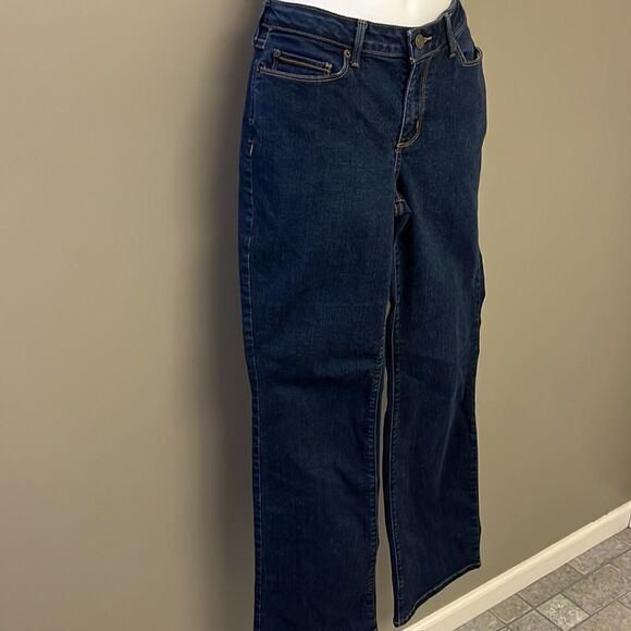 Eddie Bauer Dark Wash Curvy Bootcut 5-Pocket Tan Contrast Stitching Jeans-Size 8 - Picture 4 of 16